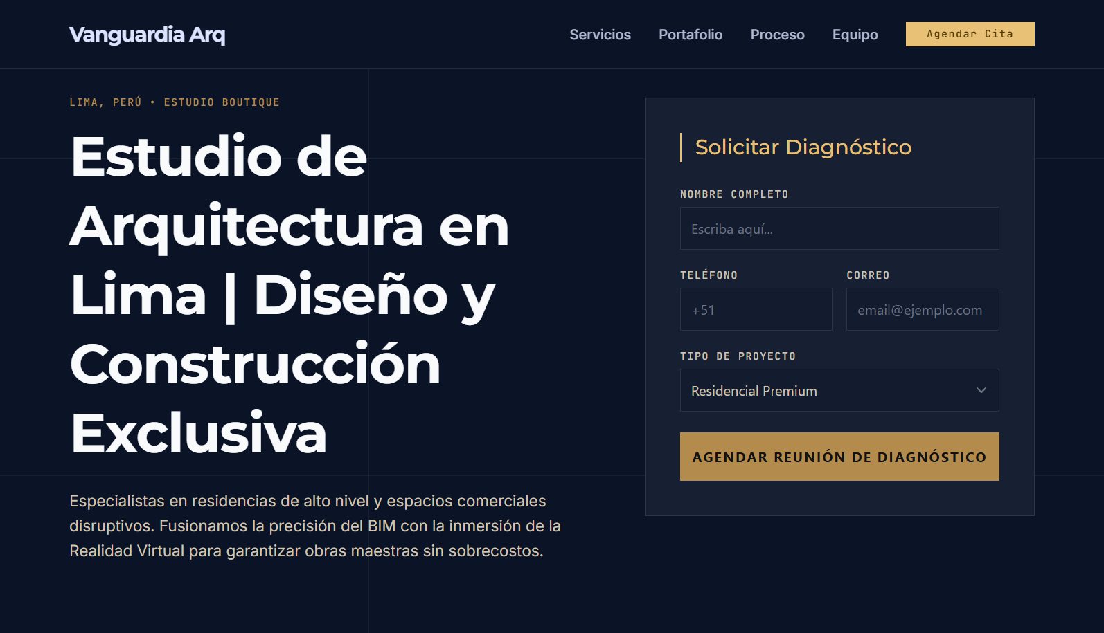Diseño web premium para Vanguardia Arq, un estudio de arquitectura boutique de alto nivel enfocado en precisión técnica y diseño elegante.